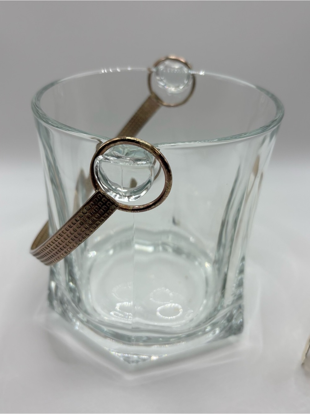 Vintage Heavy Glass Ice Bucket Set with Gold Handle & Tongs - Mid-Century Modern